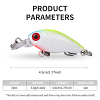 Ensemble de 6 leurres de pêche artificiels flottants miniatures de 3,8 g/4,5 cm avec hameçons multicolores pour la pêche