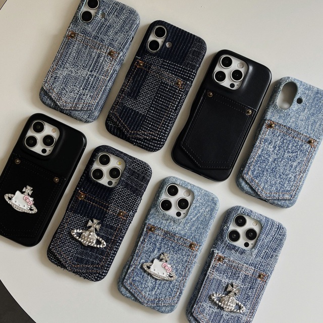 XP1427 Vintage Denim Card Slot Phone Case Compatible with iPhone 17/16/15 PRO MAX Simple Solid Color iPhone 14/13P