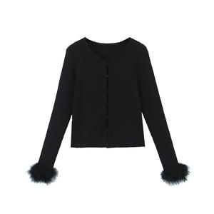 Night Paris Women's Plus Size <b>Black</b> Knit Cardigan With Fur Cuffs Solid Color Viscose Fiber <b>Long</b> <b>Sleeve</b> <b>Top</b> - Product Image 1