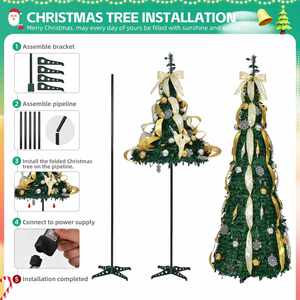 Árbol de Navidad Plegable de 6 pies, Árbol de Navidad Pop-Up con Cintas, Copos de Nieve Navideños y Luces LED - Product Image 4