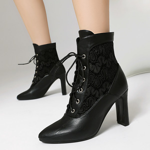 Botines Negros con Cordones, Punta Puntiaguda, Tacón Cuadrado, Cuero Genuino, Transpirables, Estilo Dropshipping - Product Image 4