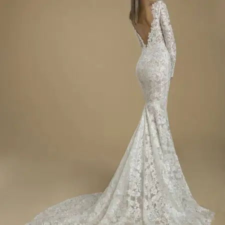 Long Sleeved Lace Sheath Wedding Dress With Low Back
