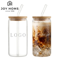 Ensemble de gobelets en verre personnalisés de 16 oz avec couvercles en bambou et pailles en verre, verres à soda, verres à bière en verre borosilicate de 16 oz, cadeau
