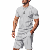 Ensemble deux pièces homme style américain transfrontalier, été, coupe ample, tricot gaufré, col rond, manches courtes, respirant, uni