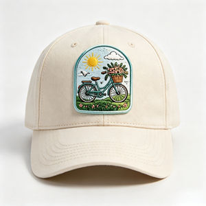 Casquette de baseball six panneaux à visière incurvée en coton délavé bicolore, avec patch brodé motif floral paysager, pour loisirs et activités de plein air - Product Image 3