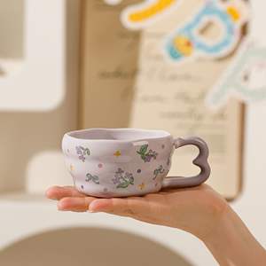 Flower Pattern <b>Ceramic</b> <b>Mug</b> With Handle Pink Purple Yellow Cartoon Design For Breakfast Gift Spring 2025 Single Cup - Product Image 1