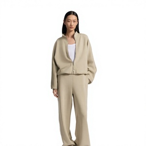 <b>Women</b> <b>Beige</b> Half-Zip <b>Tracksuit</b> Solid Color Loose Fit With Side Pockets Autumn Wear Minimalist Style Full Length Cotton - Product Image 1
