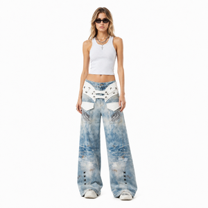<span class=keywords><strong>Pantalon</strong></span> cargo ample et respirant pour femme Wangsheng, en denim délavé bleu clair, style Y2K, avec motif gaufré et coupe large, respectueux de l'environnement - Product Image 6