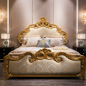 Lit King Size <span class=keywords><strong>en</strong></span> Bois Massif Sculpté, Style Luxe Français, Tissu Brodé Doré, pour Chambre d'École ou Chambre de Palais - Product Image 1
