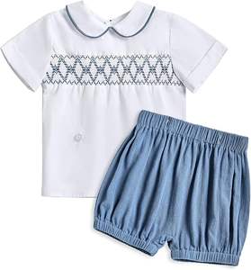 Garçon baptême baptême garçons mariage lin tenue nouveau-né infantile église tenues été à manches courtes smocké bébé - Product Image 1