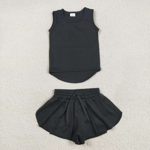 Wholesale Kids Toddler Girls Yoga Wear Summer 2 Piece Outfit Solid Sleeveless Tank Tops with Butterfly Shorts Athletic Sets - Product Image 2