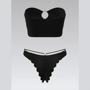 Elegante conjunto de bikini de doble aro con aberturas y tiras para mujer, con braga brasileña fruncida de cintura alta - Chic y de cintura alta - Product Image 1