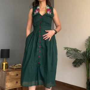 Vestido Midi Verde para Mujer, con Cuello Bordado, Sin Mangas, Estilo Casual, con Botones, Kurti Étnico - Product Image 1