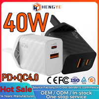 Pengisi Daya Dinding USB Dual Port 40W Colokan UK Adaptor Pengisian Cepat 20W PD Tipe C untuk Ponsel OEM
