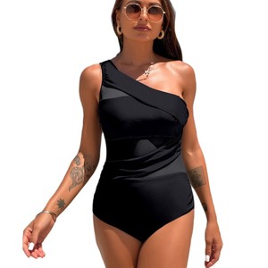 Traje de baño de una pieza con un solo hombro para mujer, traje de baño asimétrico elástico para natación y deportes acuáticos - Product Image 5