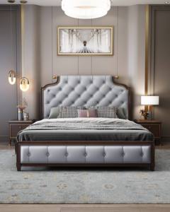Cadre de lit king size capitonné gris, lit double moderne en bois massif pour meubles de chambre à coucher - Product Image 6