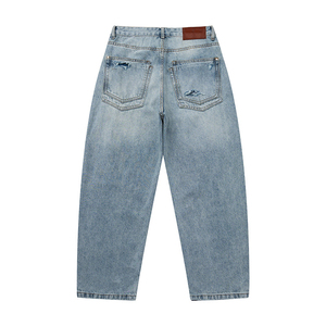Jeans pour hommes bleu clair délavé à l'acide, déchiré, avec doublure à carreaux et patch, coupe ample et fuselée, style streetwear décontracté pour le quotidien - Product Image 3