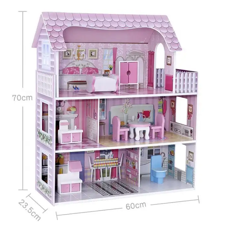 Оптовая продажа, красочные большие деревянные кукольные домики с миниатюрной мебелью для кукольного домика