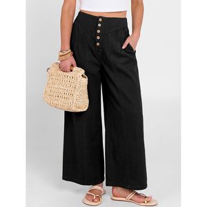 Womens Wide Leg High Waisted Cropped Denim Pants With Buttons And <b>Pockets</b> Breathable Cotton Material Spring Fashion Style - Product Image 2