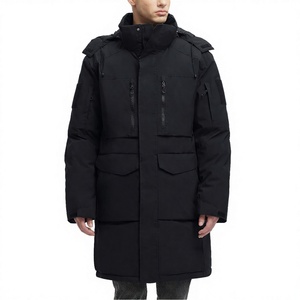 Chaqueta Larga de Plumón para Hombre, con Capucha, Impermeable, Estilo Workwear, Cuello Alto, Cierre Frontal con Cremallera, Color Negro Sólido - Product Image 2