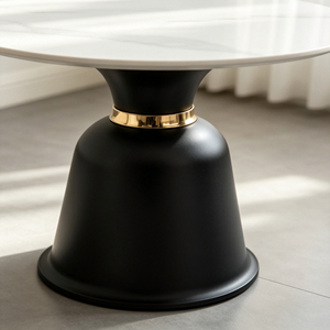 Table à manger ronde de luxe en pierre frittée, plateau blanc, base en forme de cloche noire avec bordure dorée, pour la maison, la salle à manger, l'hôtel, le restaurant - Product Image 6