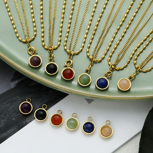 American Retro Gold Rice Bead Double-layer Necklace Natural Stone Agate Pendant Clavicle Chain <b>Titanium</b> Steel Plating 18K Gold - Product Image 2