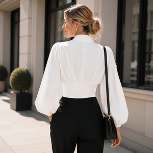 High Quality Women's Summer Elegant V Neck Puff Long Sleeve Chiffon Blouse Front Button Waist Cinched Cropped <b>Shirt</b> - Product Image 2