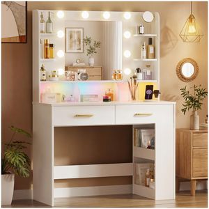 SENYU - Tocador Moderno para Dormitorio, Color Blanco, con Cajones de Almacenamiento, Espejo con Luces LED Ajustables - Product Image 1