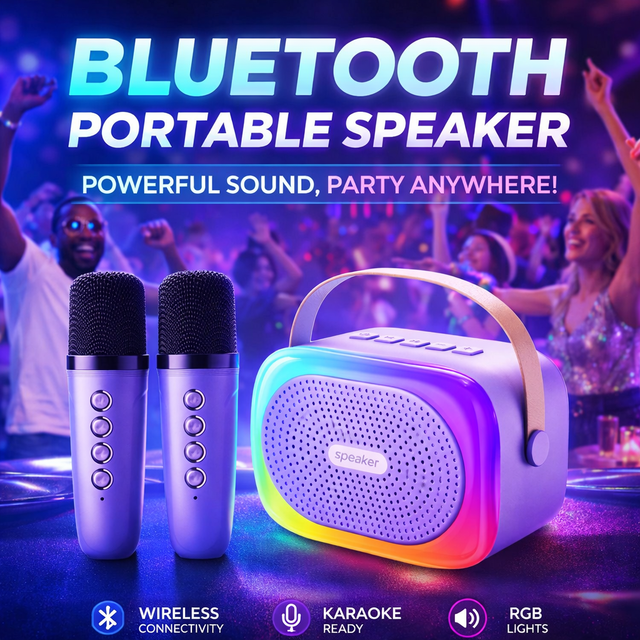 Portable RGB Karaoke Speaker with Dual Wireless Microphones Outdoor Singing Sound System Rechargeable Mini Audio Box