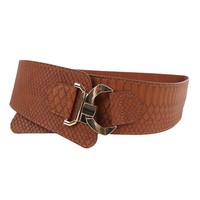 PU-Gürtel Herstellung Damen Elastischer Gürtel Frauengürtel Breiter Krokodil-Prägung Brauner Taillengürtel Glänzendes Goldmetall für Kleider