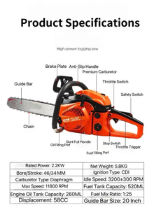 Nueva <span class=keywords><strong>Motosierra</strong></span> de Gasolina de 5800 W con Placa Guía de Aleación de <span class=keywords><strong>Titanio</strong></span> de 20/22 Pulgadas, <span class=keywords><strong>Motosierra</strong></span> Original para Exteriores - Product Image 5