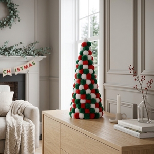 Multicolor Red Green White Pompom Checker Cone <b>Christmas</b> <b>Tree</b> Topless Classroom Daycare Kids <b>Mini</b> Decor - Product Image 2