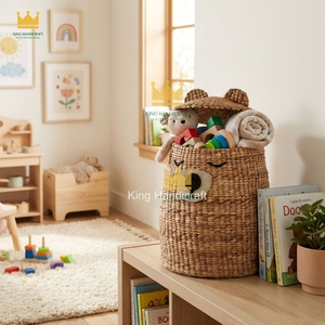 Panier de rangement en jacinthe d'eau tressé motif ours endormi mignon, bac de rangement pour jouets animaux, idéal pour la décoration de chambre d'enfant - Grande Vente - Product Image 3