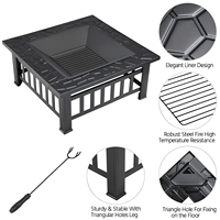 Table de foyer carrée robuste avec plateau décoratif et couvercle en maille de protection, foyer au charbon de bois pour camping, fête, barbecue