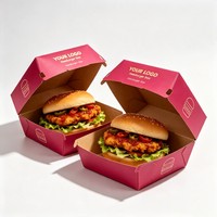 Boîte à hamburger rose personnalisée avec logo, emballage alimentaire recyclable, avec laminage mat pour les restaurants de restauration rapide à emporter