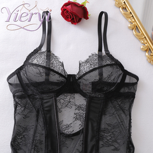 YIERIYI Ensemble Bustier Corset et <span class=keywords><strong>Porte</strong></span>-<span class=keywords><strong>jarretelles</strong></span> String Noir Sexy pour Femme avec Dentelle Cils, Maille Transparente et Armatures - Product Image 3