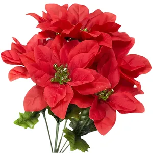 Semak Poinsettia buatan 7 kepala kain Natal bunga sutra putih tanaman merah buket pernikahan Dekorasi Rumah