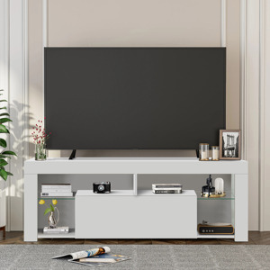 Meuble TV moderne blanc avec éclairage LED, centre de divertissement, unité TV, étagères en bois, rangement, armoire TV, salon, hôtel, appartement, décoration intérieure - Product Image 1