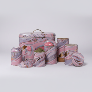 Kontensan 7 Pcs Round Tin Box <b>Kitchen</b> Set with Dome Lid Pink & Gold Marble Texture and Liquid Pink Design - Product Image 2