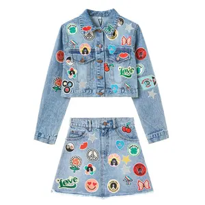 Custom Cute Little Girl 2 Piece Denim Set Embroidered Patches Kids Denim Sets