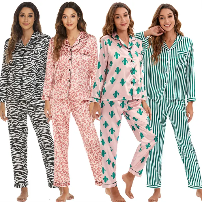 Neuankömmling Zweiteilige Lounge wear Lässig bedrucktes Nachtwäsche set Luxus-Pyjama-Sets mit Seiden druck für Frauen im Freien