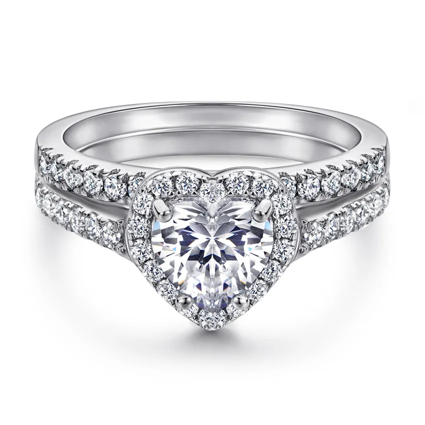 Handmade 925 silver cubic zirconia engagement rings heart shaped halo wedding ring set