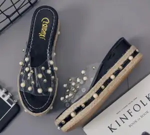 Venta al por mayor mula sandalias plataforma-Zapatillas de cuña de perlas para mujer, sandalias de mules con plataforma, chanclas de verano, 2021