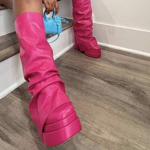 Wide Fit Overlay Shoes Women High Chunky Heel Knee High Platform <b>Boots</b> Fold Over Square Toe on Long Booties - Product Image 4