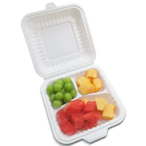 Containers White Plastic Meal Tray With Lid Clamshell Cornstarch Hot Box Takeaway Containers 3 Compartment Food Tray Storage Boxes