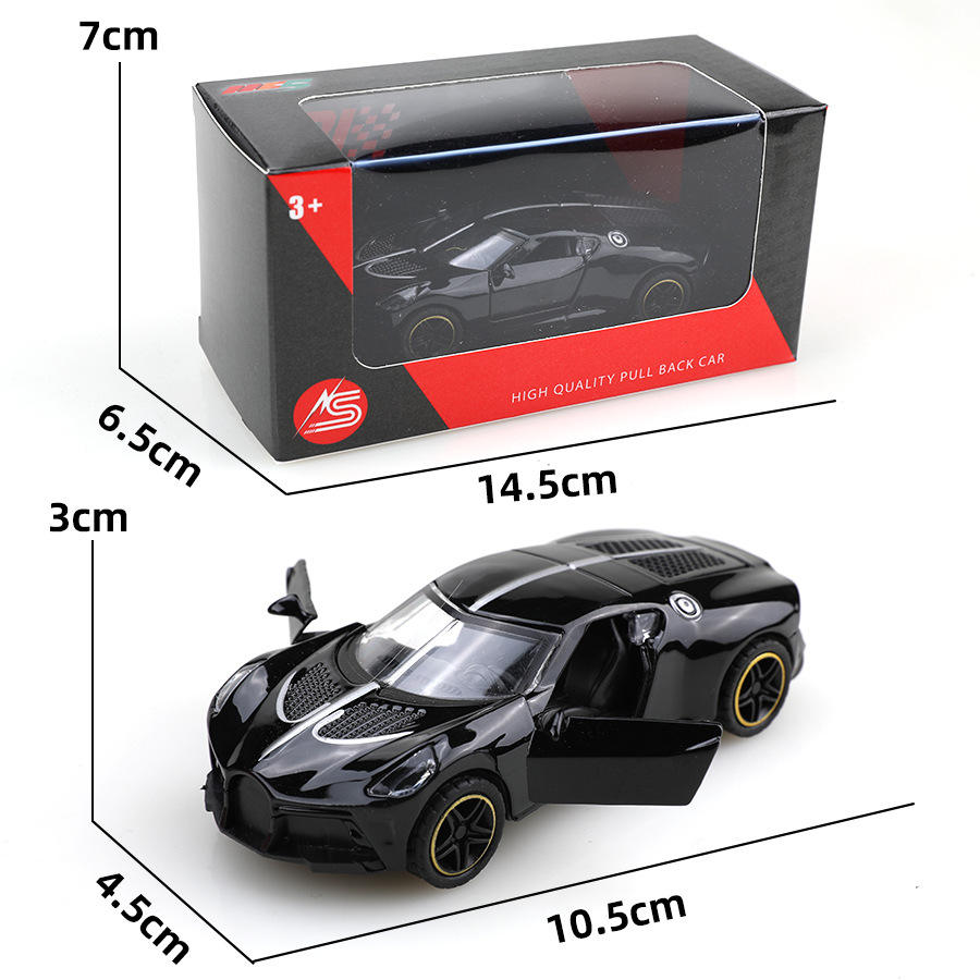 (กล่องหน้าต่างเปิด) 1:43 บูกัตติ สีดำ [ดึงถอยหลัง + เปิดประตู]