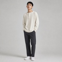 T-shirt à manches longues en coton gaufré surdimensionné pour homme, patte de boutonnage à 3 boutons, uni, décontracté, personnalisé