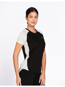 T-shirt de performance Munns & Mars pour femme, noir et blanc, en polyester, à blocs de couleur, avec ourlet incurvé, coupe athlétique régulière, vêtement de sport - Product Image 6