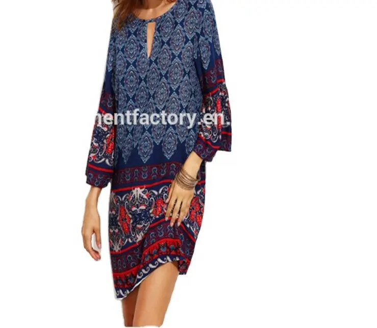 Latest Women Casual Clothes Summer Hot Sale Fashion Round Collar Print Design Skirt Long Sleeve African Dresses Sta-0061