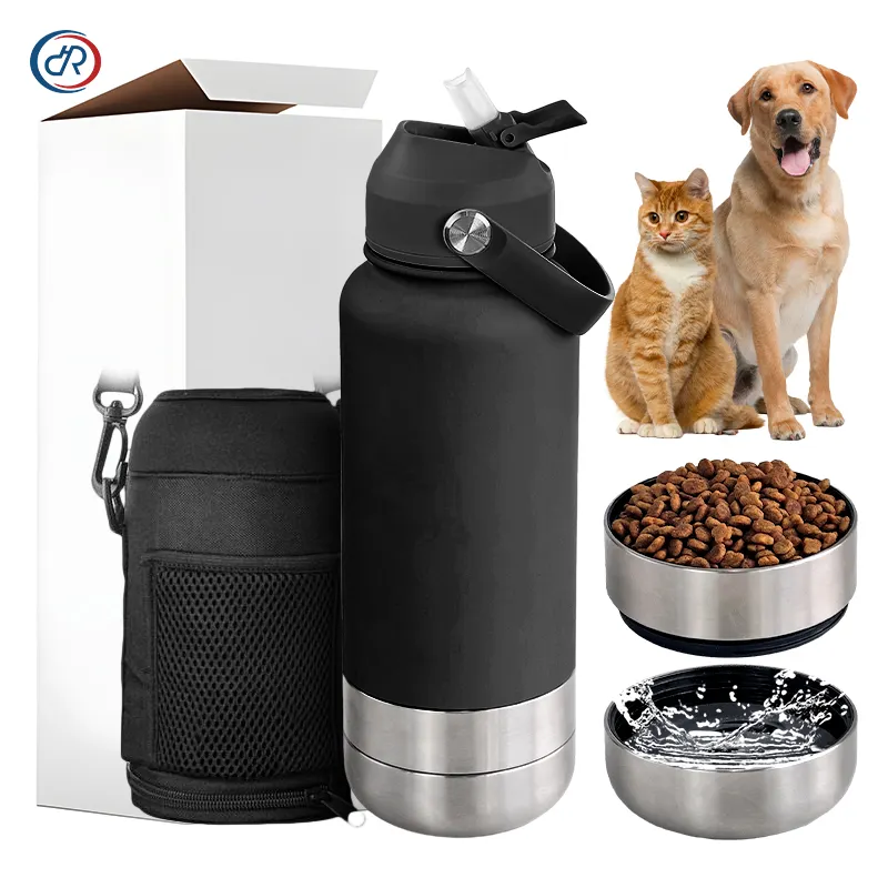 Botella de agua portátil 4 en 1, 24Oz, 32Oz, 64Oz, alimentador de mascotas, cuenco de viaje, botella de agua para perros con aislamiento personalizado de acero inoxidable